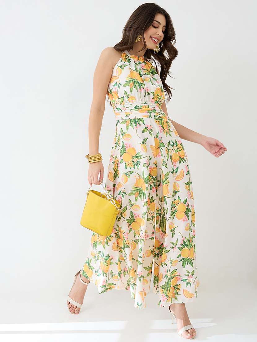 women yellow floral & fruit print halter neck pleated detail flared fusion jumpsuit
