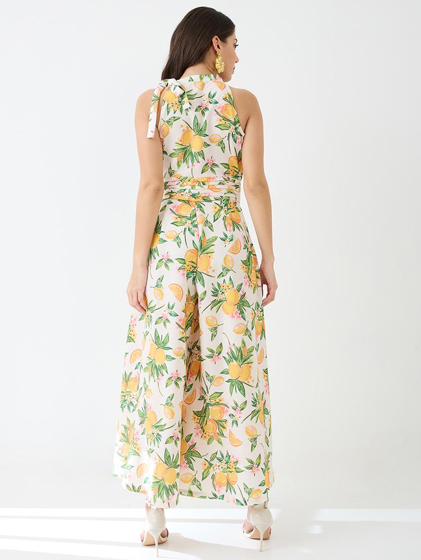 women yellow floral & fruit print halter neck pleated detail flared fusion jumpsuit - 21918981 - Standard Image - 2