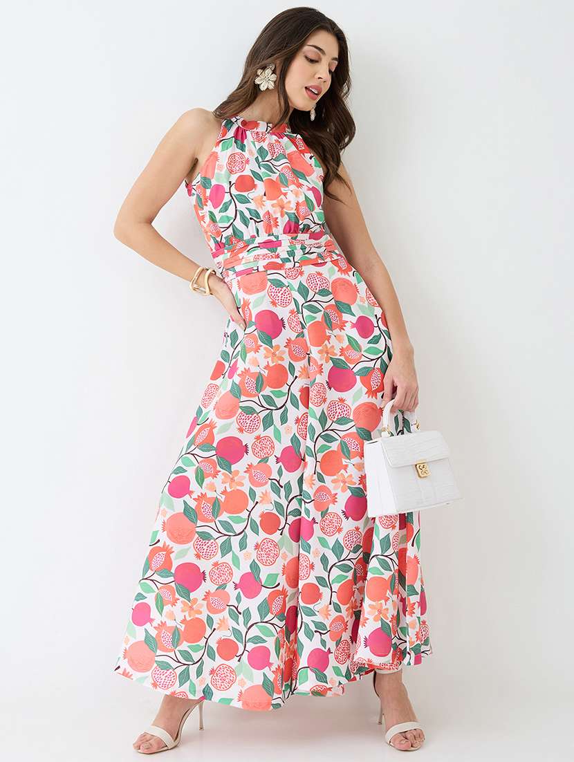 women pink floral & fruit print halter neck pleated detail flared fusion jumpsuit