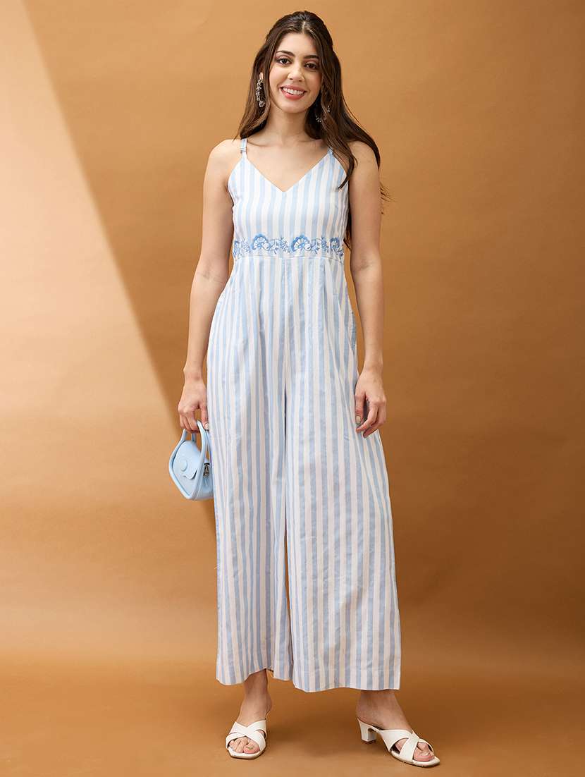 women blue striped v-neck shoulder strap embroidered detail wide leg fusion jumpsuit