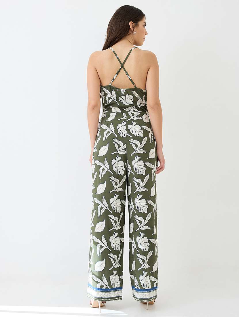 women green tropical printed cowl neck shoulder strap longline party jumpsuit - 21918985 -  Standard Image - 2