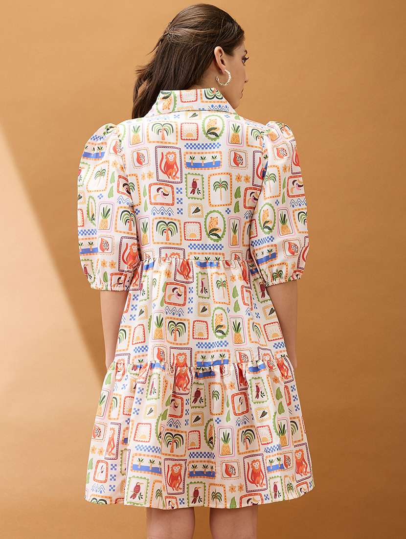 women off white shirt collar puff sleeves abstract print tiered a-line fusion dress - 21918986 -  Standard Image - 2