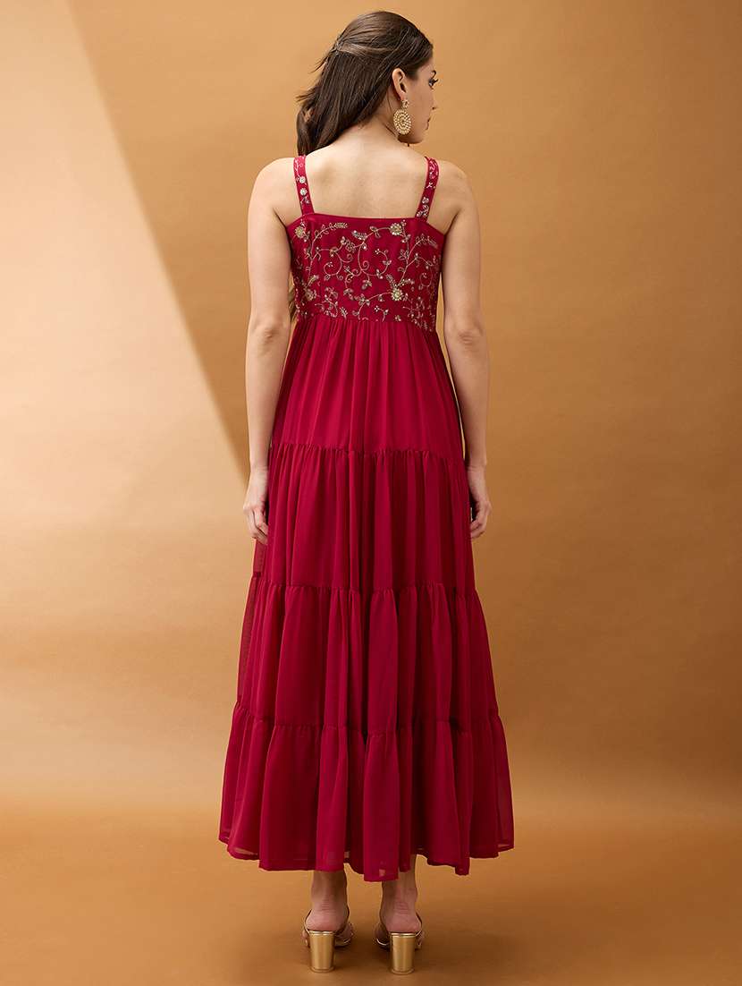 women maroon sweetheart neck strappy shoulder floral embroidered tiered maxi fit & flare festive dress - 21918987 -  Standard Image - 2