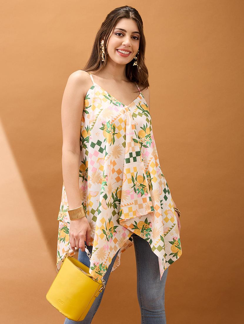 women off white v-neck strappy shoulder floral & fruit print asymmetric hem fusion tunic - 21918988 - Zoom Image - 0