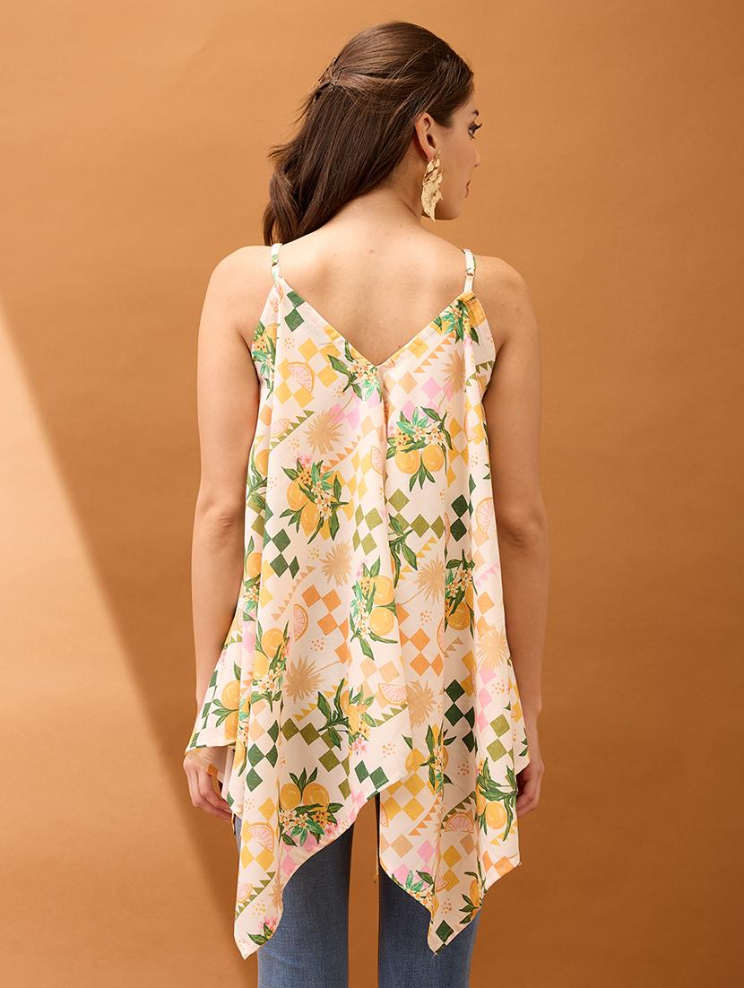 women off white v-neck strappy shoulder floral & fruit print asymmetric hem fusion tunic - 21918988 - Standard Image - 2