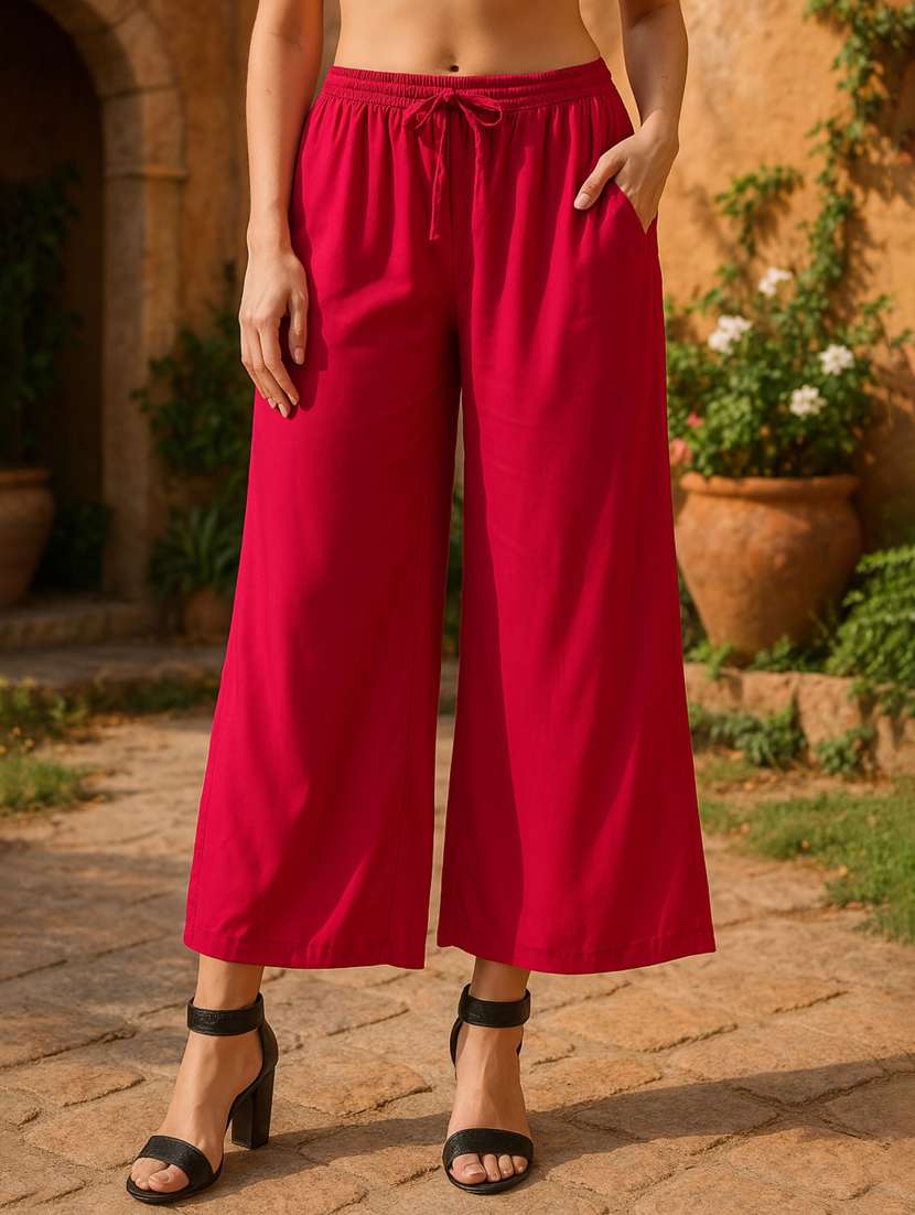 women solid mid rise flared palazzo