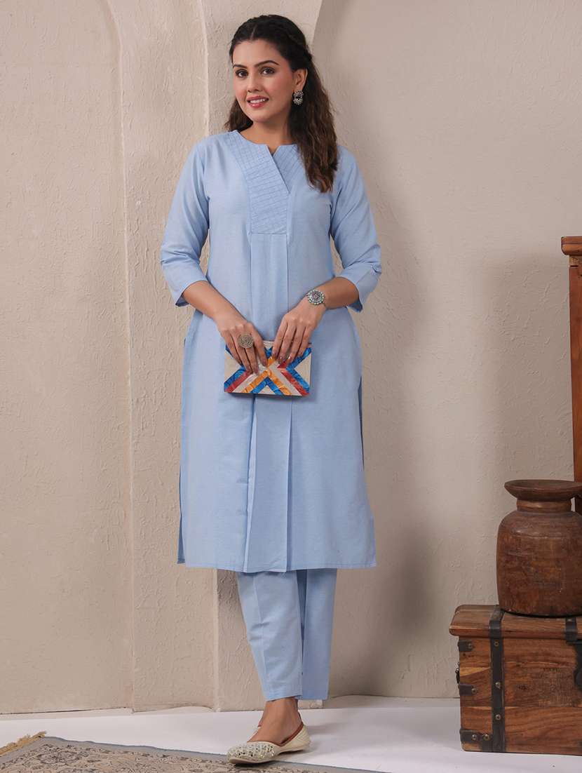 women solid three quarter sleeve kurta pant  set