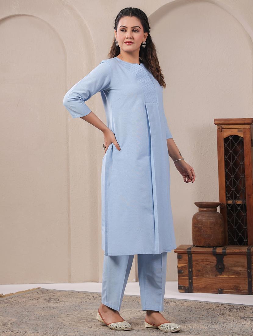 women solid three quarter sleeve kurta pant set - 21919533 - Standard Image - 2