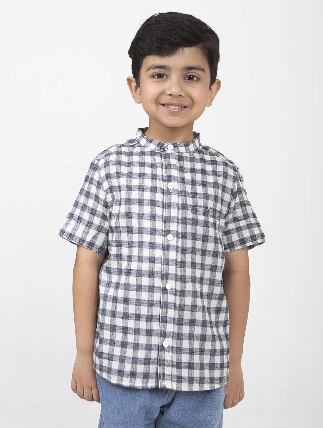 boys checkered mandarin neck short sleeves shirt