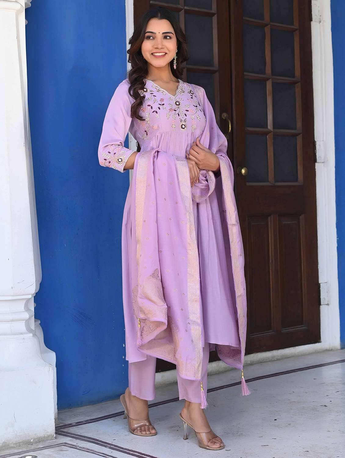 women three quarter sleeve kurta pant with dupatta set - 21919849 - Standard Image - 2