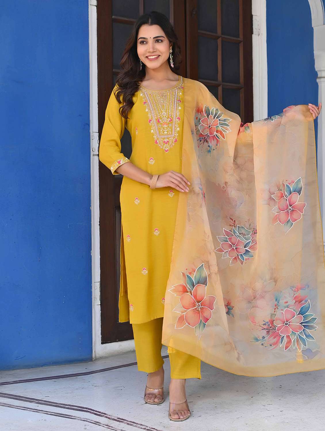 women three quarter sleeve kurta pant with dupatta set