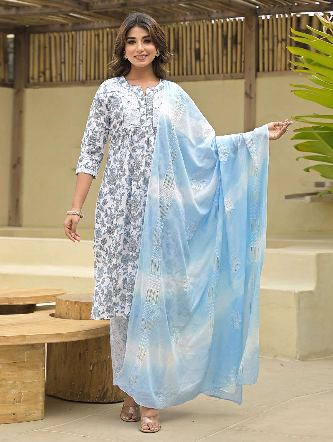 women three quarter sleeve kurta pant with dupatta set