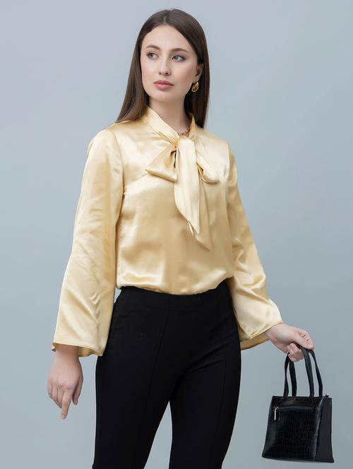 women solid tie upneck bell sleeves top - 21920157 -  Standard Image - 0