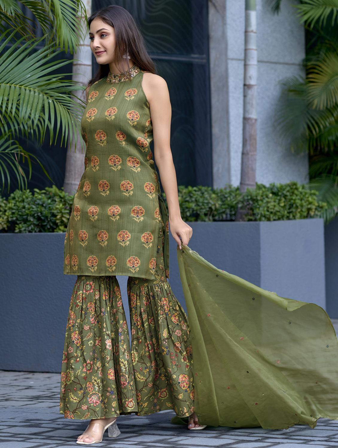 women green floral printed kurta sharara dupatta set - 21920169 - Standard Image - 2