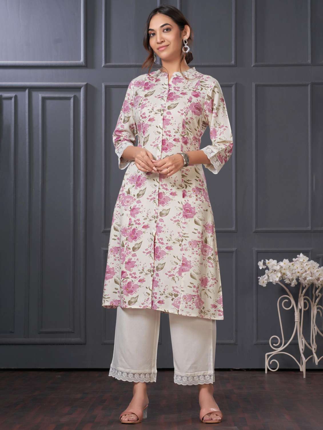 women floral three quarter sleeve kurta palazzo set