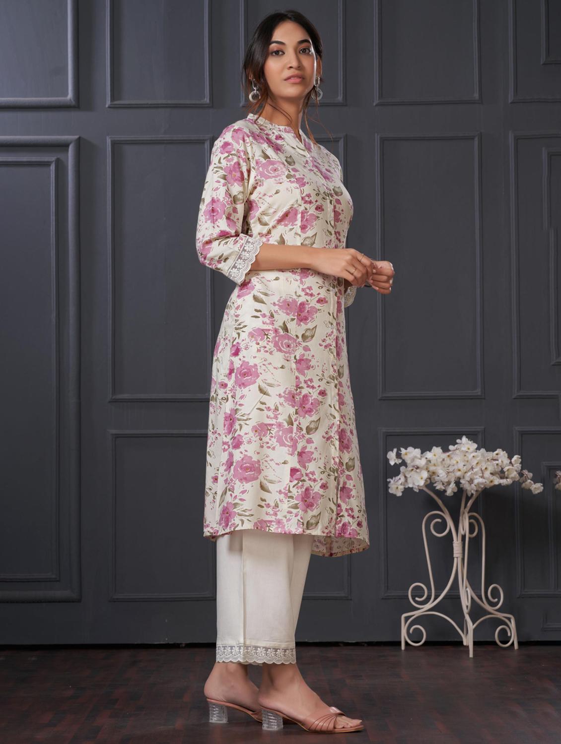 women floral three quarter sleeve kurta palazzo set - 21922350 - Standard Image - 2