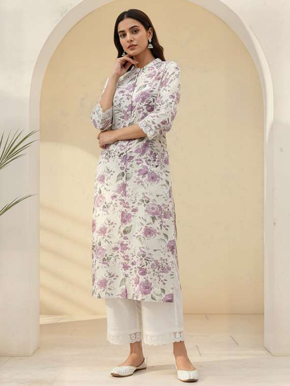 women floral three quarter sleeve kurta palazzo set - 21922350 -  Standard Image - 2