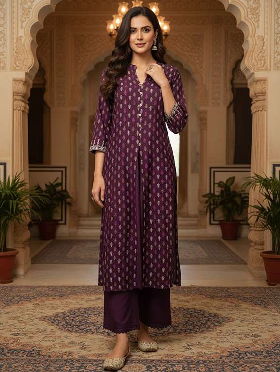 women printed three quarter sleeve kurta palazzo set