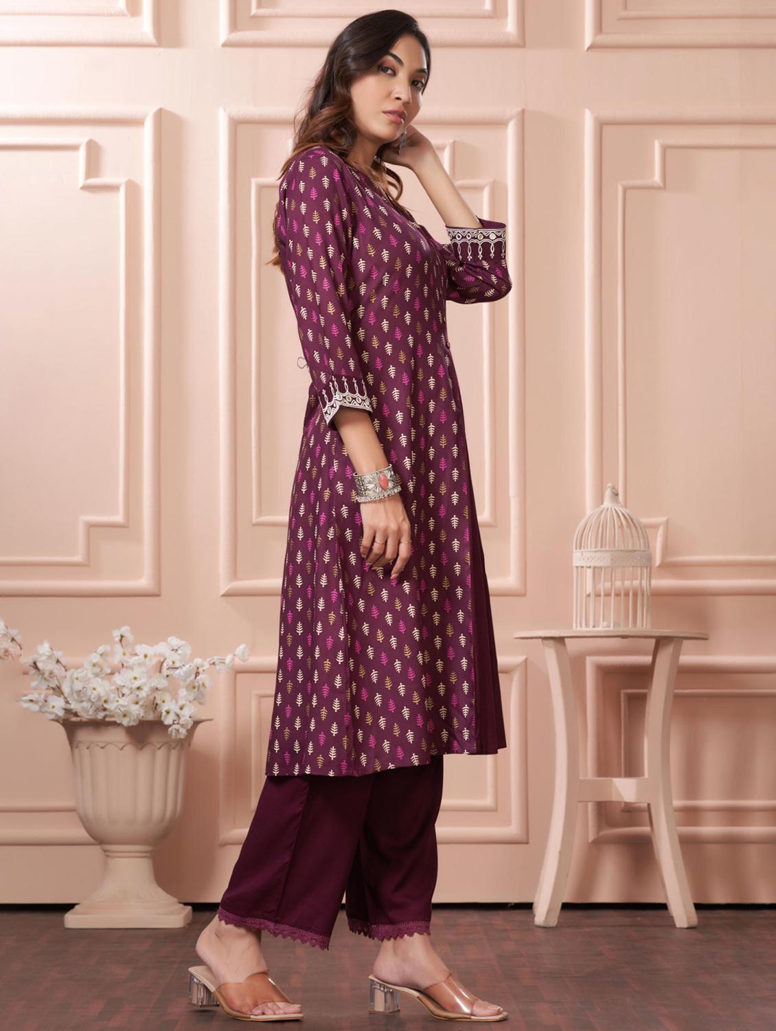 women printed three quarter sleeve kurta palazzo set - 21922356 - Standard Image - 2