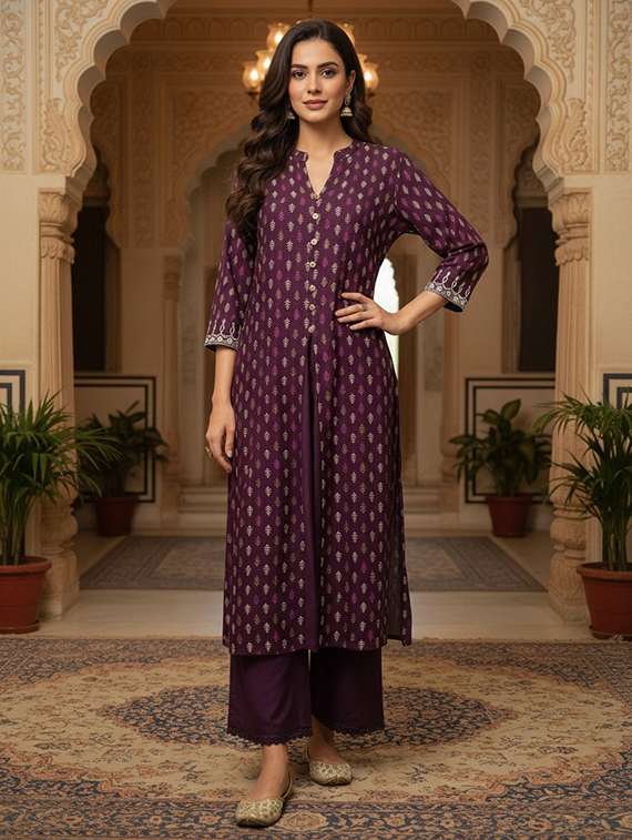 women printed three quarter sleeve kurta palazzo set - 21922356 -  Standard Image - 2