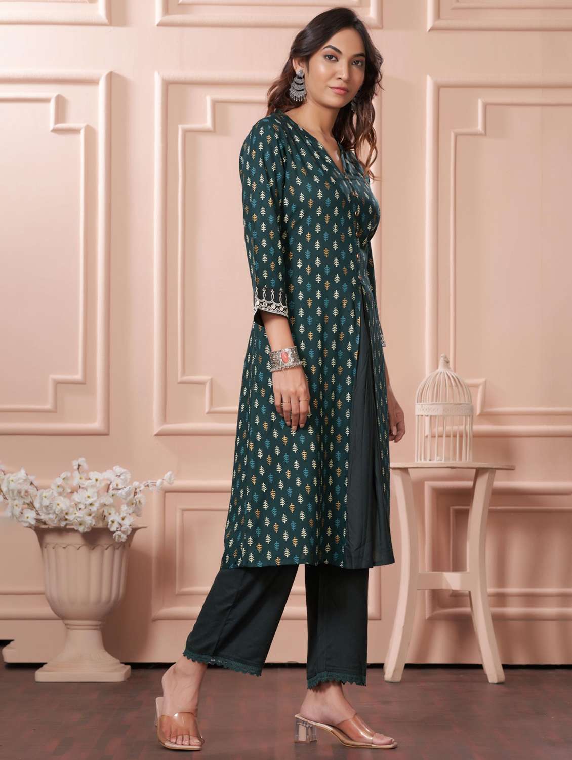 women printed three quarter sleeve kurta palazzo set - 21922357 -  Standard Image - 2