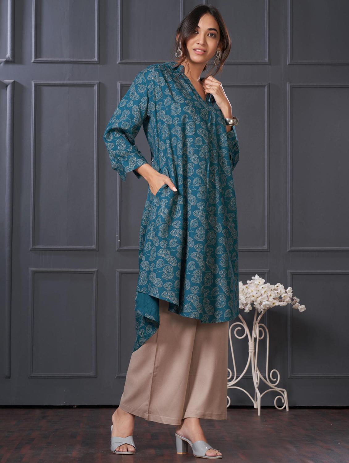 women printed three quarter sleeve kurta palazzo set - 21922358 - Standard Image - 2