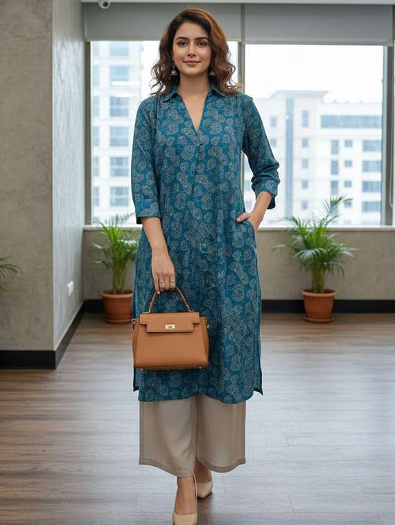 women printed three quarter sleeve kurta palazzo set - 21922358 -  Standard Image - 2