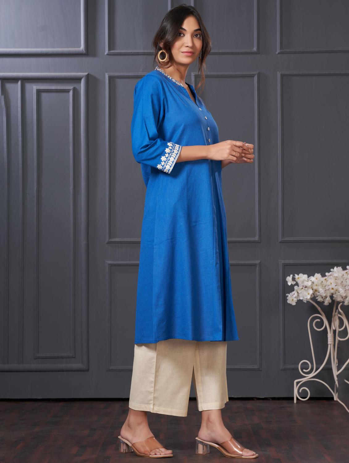 women solid three quarter sleeve kurta palazzo set - 21922360 - Standard Image - 2