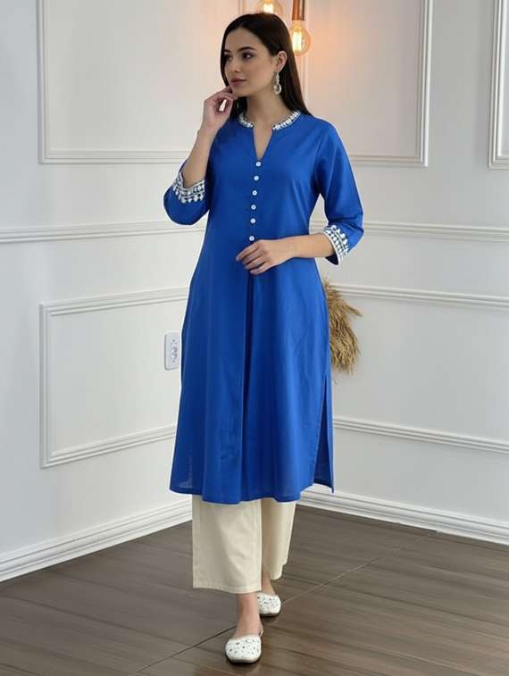 women solid three quarter sleeve kurta palazzo set - 21922360 -  Standard Image - 2