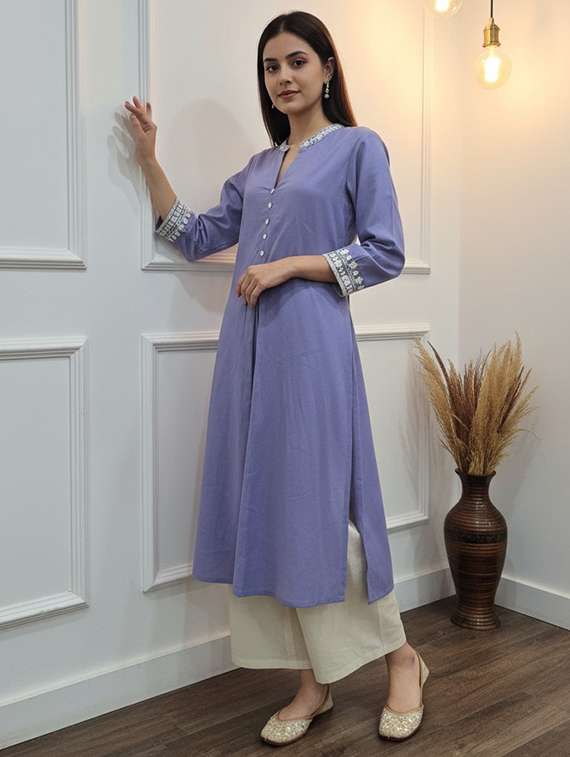 women solid three quarter sleeve kurta palazzo set - 21922361 -  Standard Image - 2