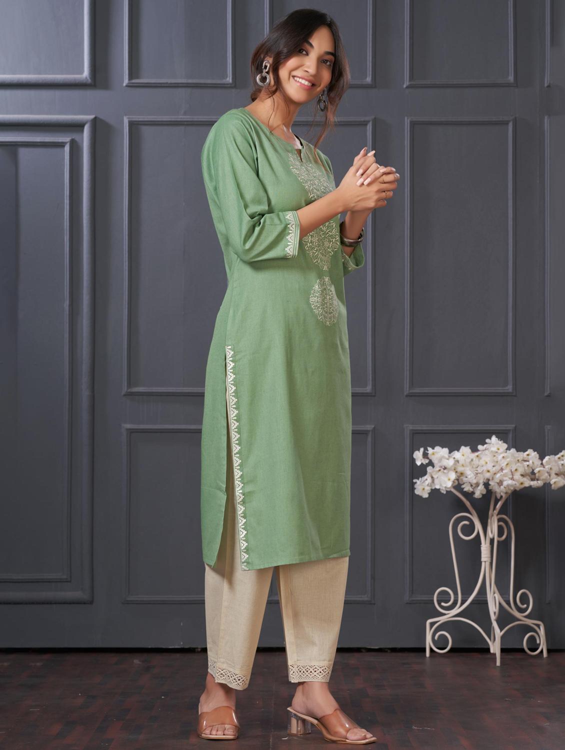 women embroidered three quarter sleeve kurta palazzo set - 21922362 - Standard Image - 2