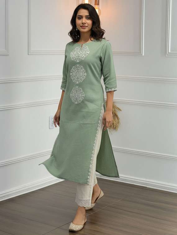 women embroidered three quarter sleeve kurta palazzo set - 21922362 -  Standard Image - 2