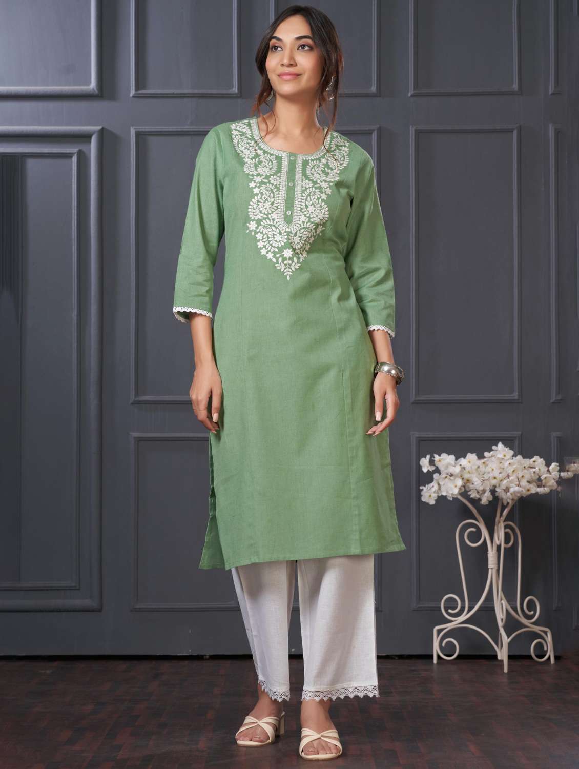 women embroidered three quarter sleeve kurta palazzo set