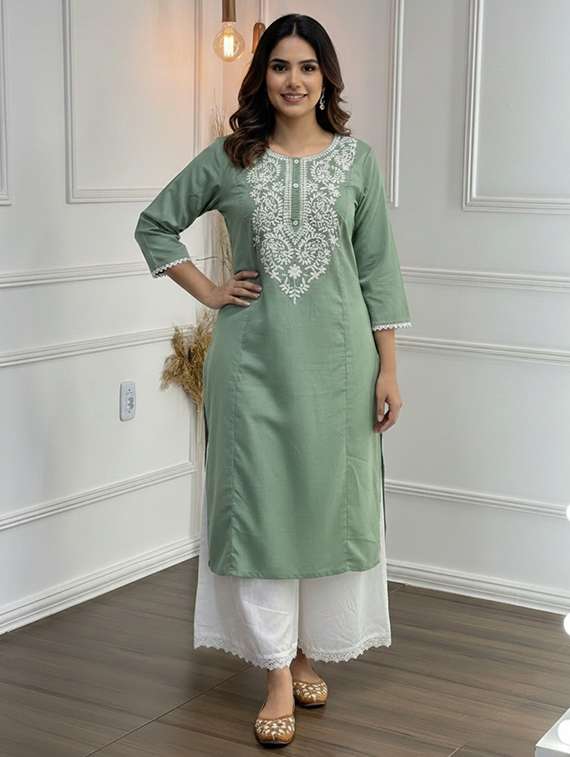 women embroidered three quarter sleeve kurta palazzo set