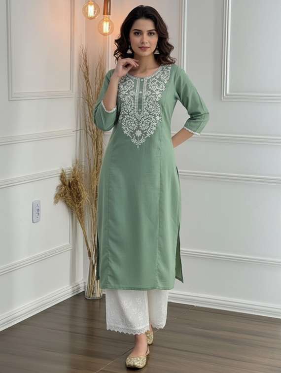 women embroidered three quarter sleeve kurta palazzo set - 21922364 -  Standard Image - 2