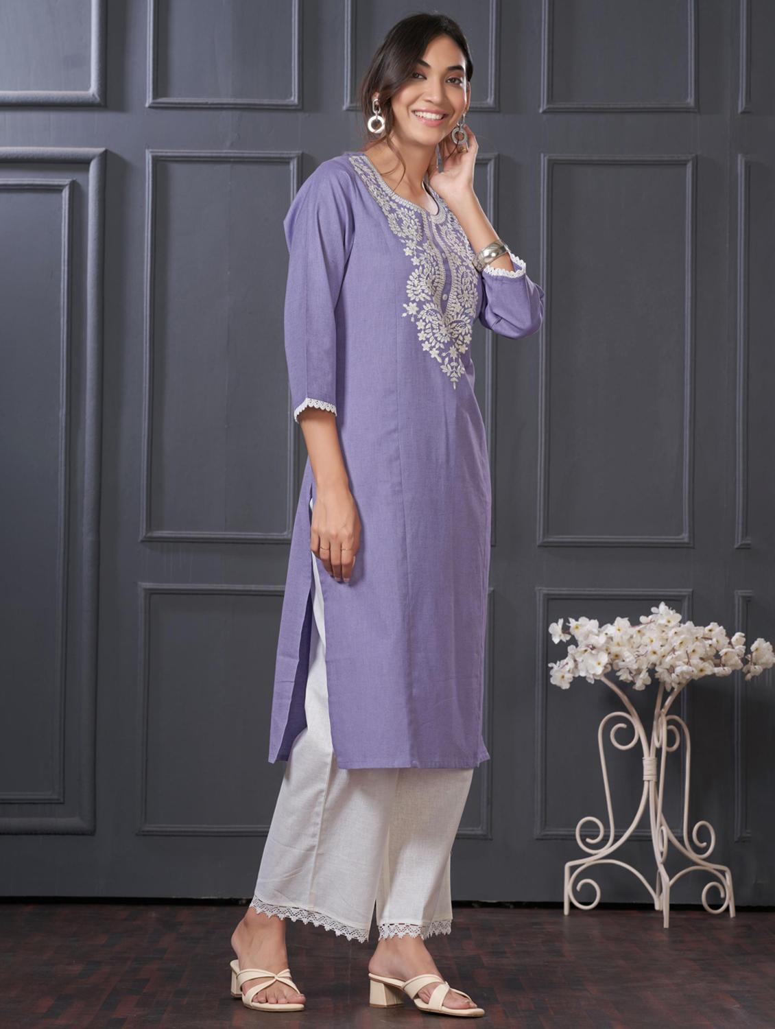 women embroidered three quarter sleeve kurta palazzo set - 21922365 - Standard Image - 2