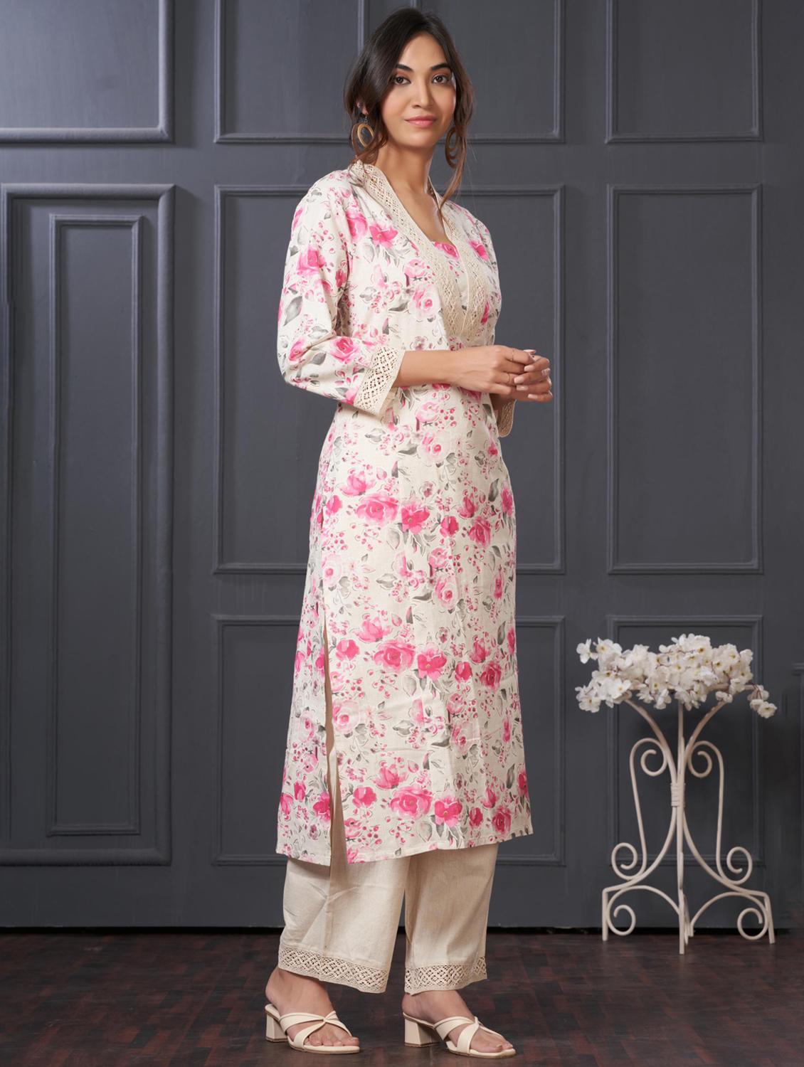 women floral three quarter sleeve kurta palazzo set - 21922366 - Standard Image - 2