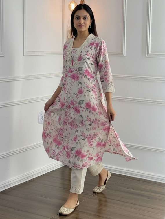 women floral three quarter sleeve kurta palazzo set - 21922366 -  Standard Image - 2
