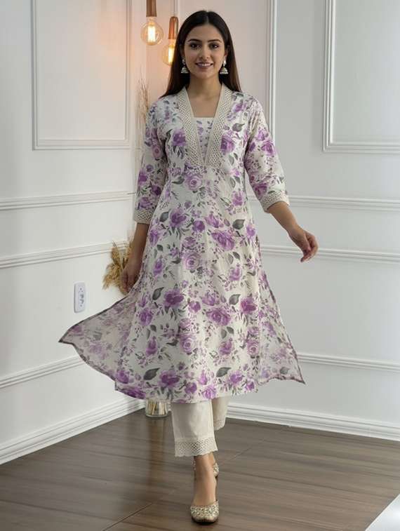 women floral three quarter sleeve kurta palazzo set - 21922367 -  Standard Image - 2