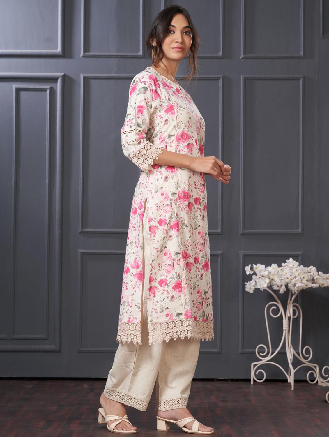 women floral three quarter sleeve kurta palazzo set - 21922368 - Standard Image - 2