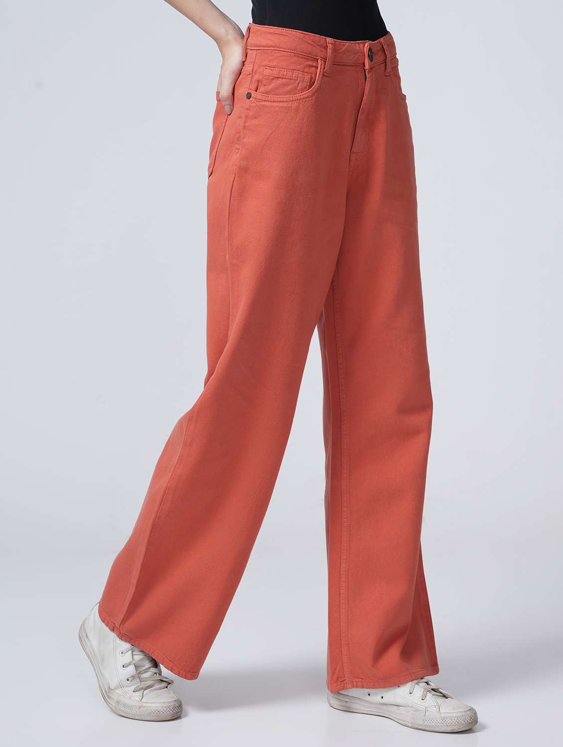 women solid high rise wide leg jean