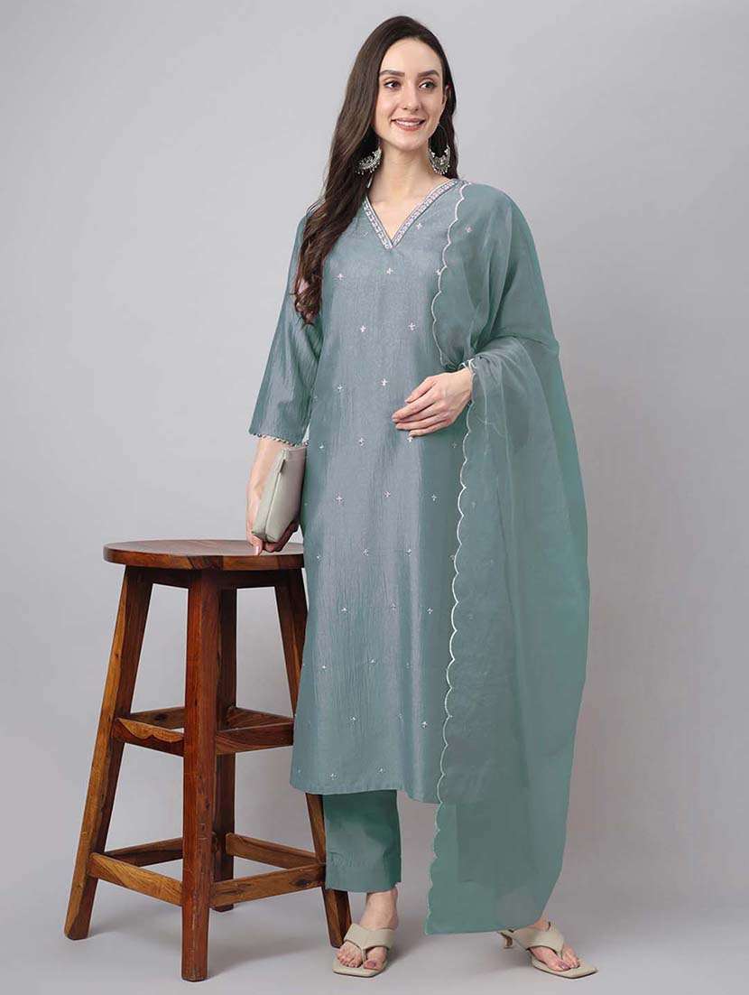 women three quarter sleeve kurta pant with dupatta set
