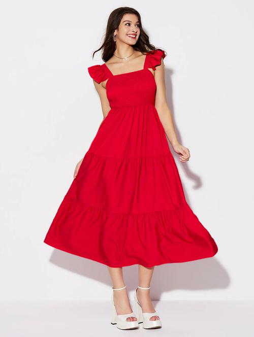 women red solid sleeveless tiered midi dress - 21922413 - Standard Image - 0