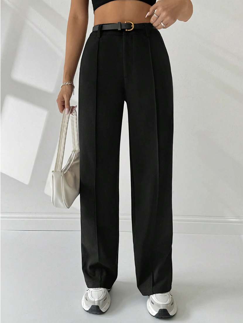 women solid high rise straight trouser