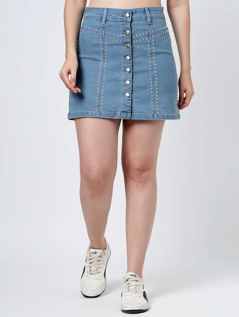 women solid high rise denim skirt