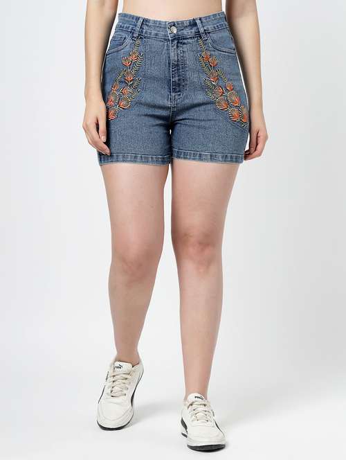 women embroidered high rise denim shorts - 21922522 - Standard Image - 0