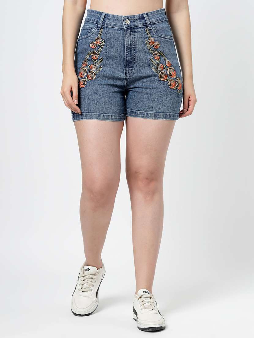 women embroidered high rise denim shorts - 21922522 - Zoom Image - 0
