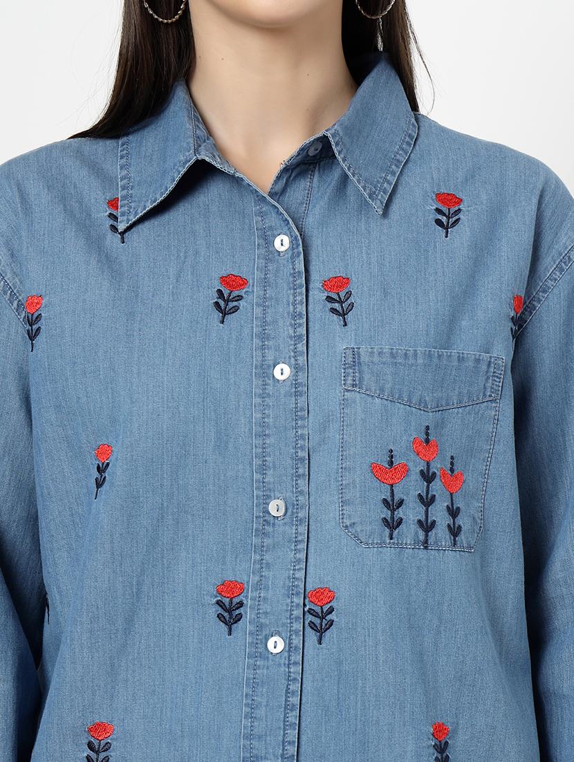 women embroidered collared denim shirt - 21922523 - Standard Image - 2