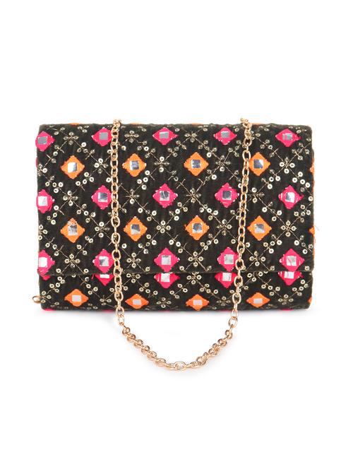 women black embroidered clutch with sling chain - 21922583 -  Standard Image - 0