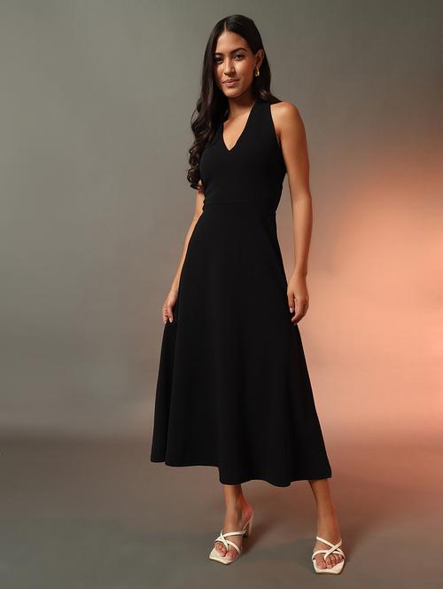 women solid halter neck sleeveless fit & flare dress - 21922643 -  Standard Image - 0